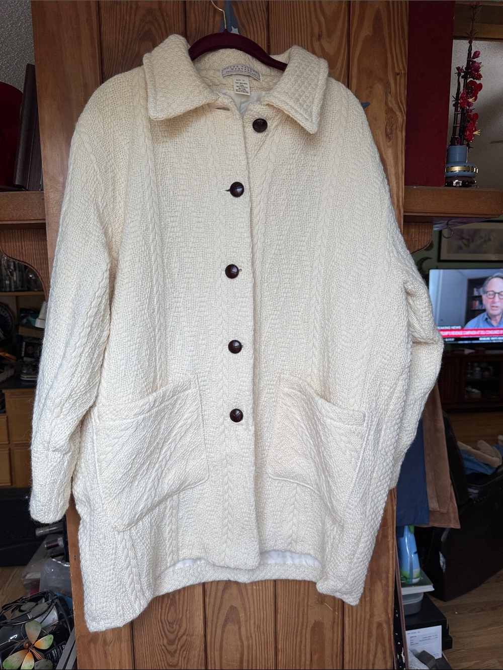 VTG Boyne Valley Weavers Ireland Cream Wool  Coat Plus Size 1XL